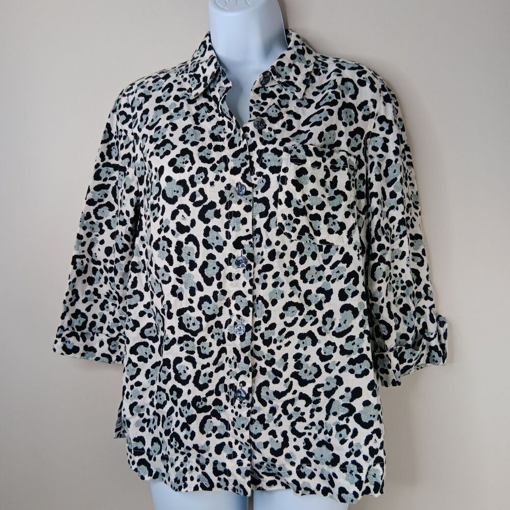 Jones New York Shirt Women Size Small 100% Linen  Animal Print Vacation Cruise